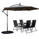 Outdoor 4 Person Rectangular Glass Top Garden Dining Table Chairs With Grey Banana Lit Parasol and Base Set