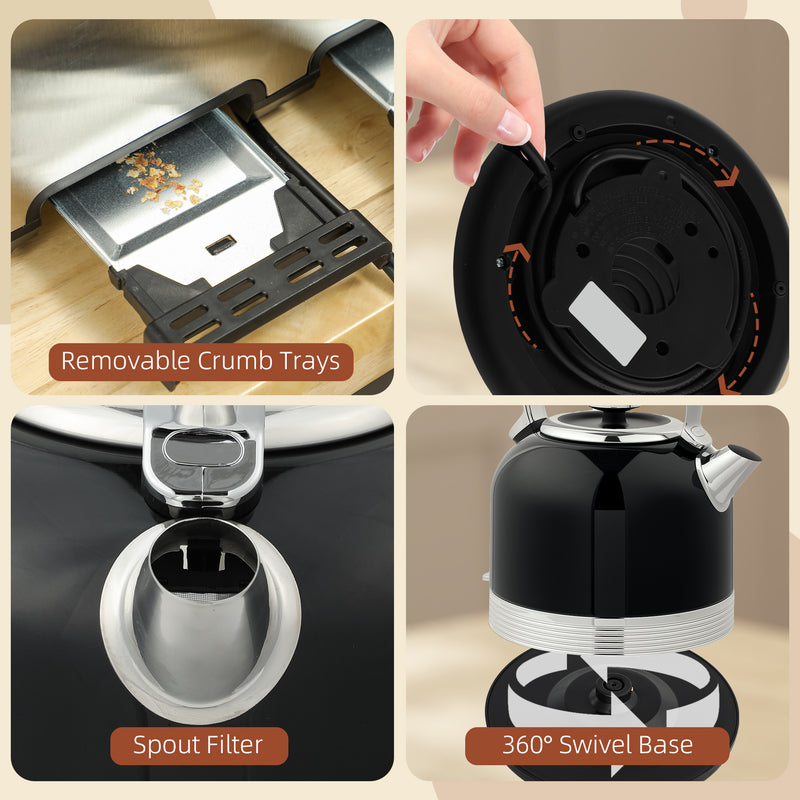 HOMCOM 1.7L 3000W Fast Boil Electric Kettle and 4 Slice Toaster Set, Black