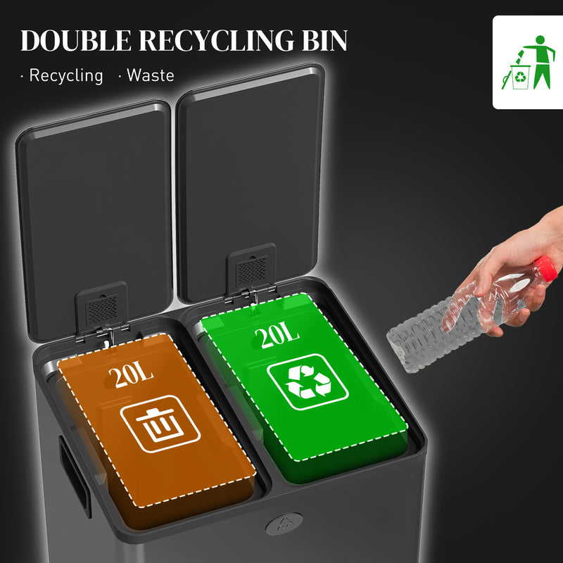 HOMCOM 2 x 20L Dual Kitchen Bin Pedal Bin for Recycling and Waste