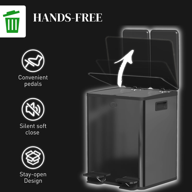 HOMCOM 2 x 20L Dual Kitchen Bin Pedal Bin for Recycling and Waste