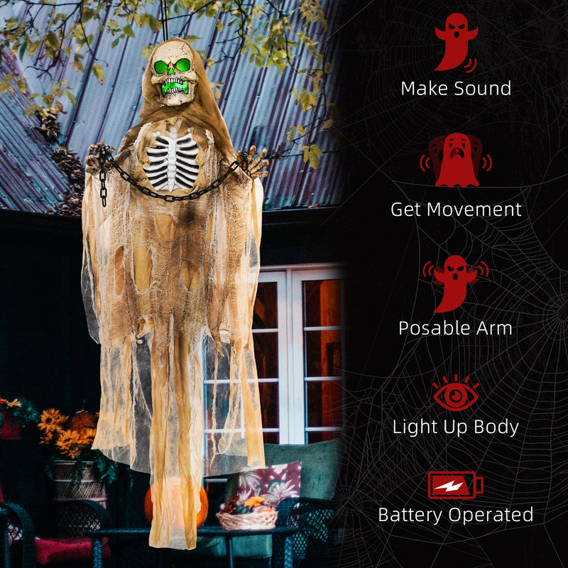 HOMCOM Hanging Halloween Skeleton Animatronic Prop for Indoor Outdoor