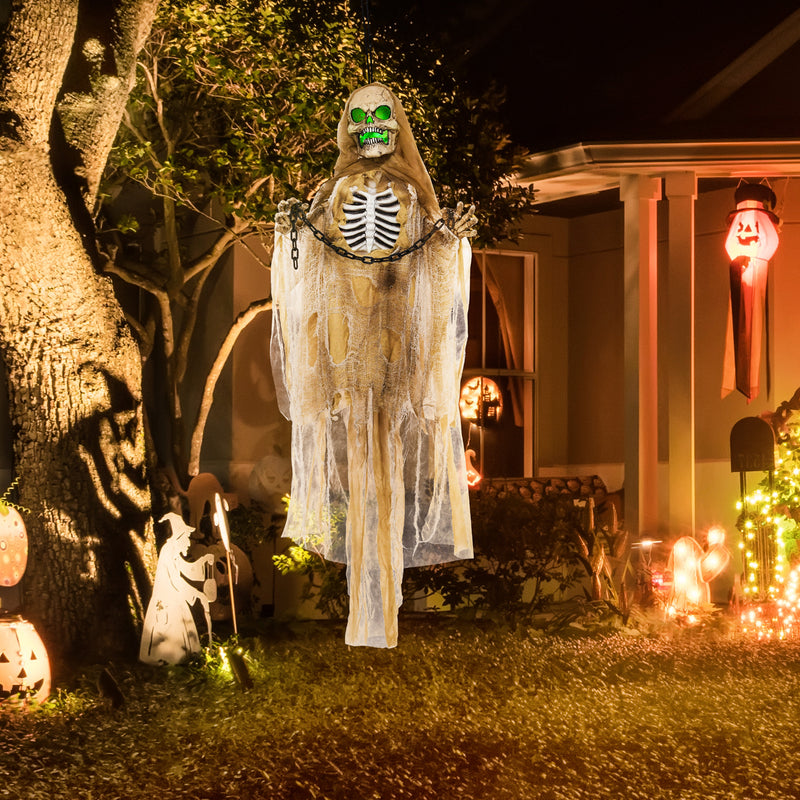 HOMCOM Hanging Halloween Skeleton Animatronic Prop for Indoor Outdoor