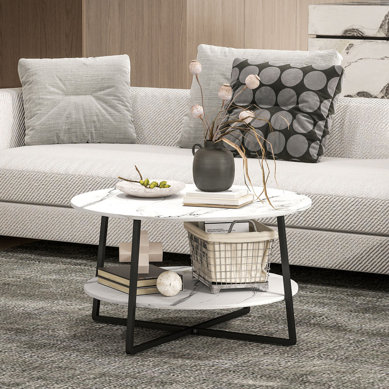 HOMCOM Round Coffee Table with Storage Shelf and Marble Effect Top, White