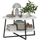 HOMCOM Round Coffee Table with Storage Shelf and Marble Effect Top, White