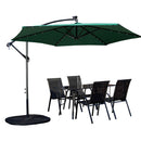 Outdoor 4 Person Rectangular Glass Top Garden Dining Table Chairs With Green Banana Lit Parasol and Base
