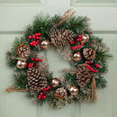 40cm Hanging Christmas Wreath with Gold Baubles, Berries & Pinecones