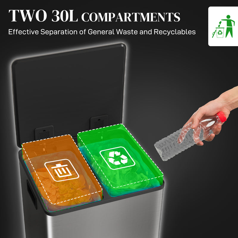 HOMCOM 2 X 25L Double Kitchen Bin, Pedal Bin With Soft-Close Lid