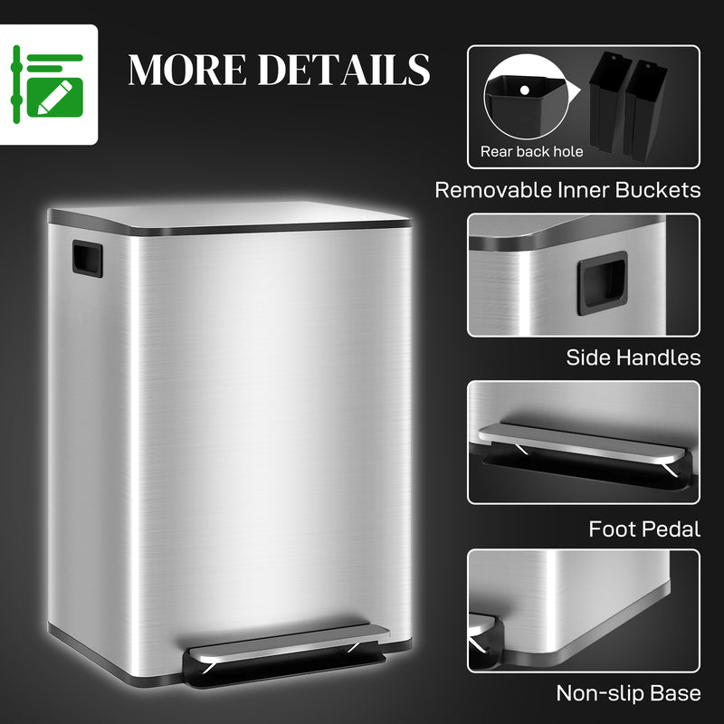 HOMCOM 2 X 25L Double Kitchen Bin, Pedal Bin With Soft-Close Lid
