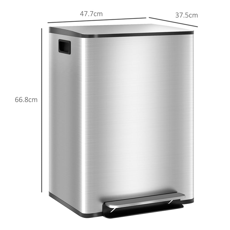 HOMCOM 2 X 25L Double Kitchen Bin, Pedal Bin With Soft-Close Lid