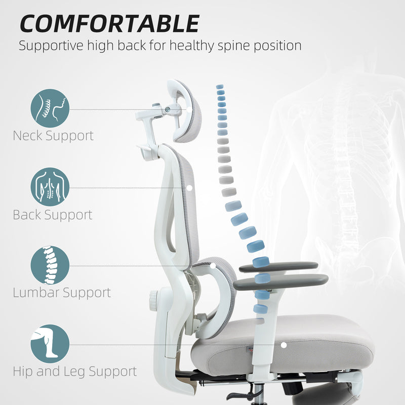 HOMCOM Ergonomic Office Chair, Recliner Computer Chair with Footrest, Grey