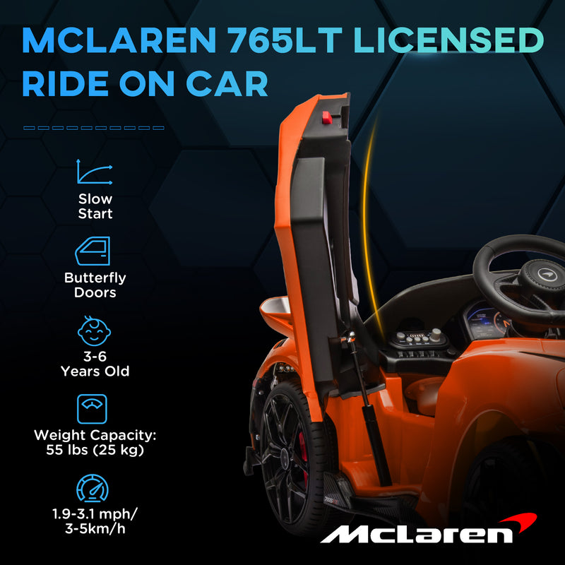 AIYAPLAY Orange McLaren 765LT Licensed 12V Kids Ride On Car W/ MP3 Music
