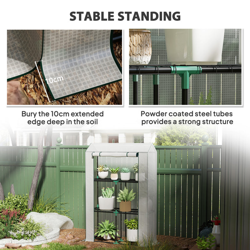 Outsunny 3 Tier Mini Greenhouse with PE Cover, Roll-Up Door, White