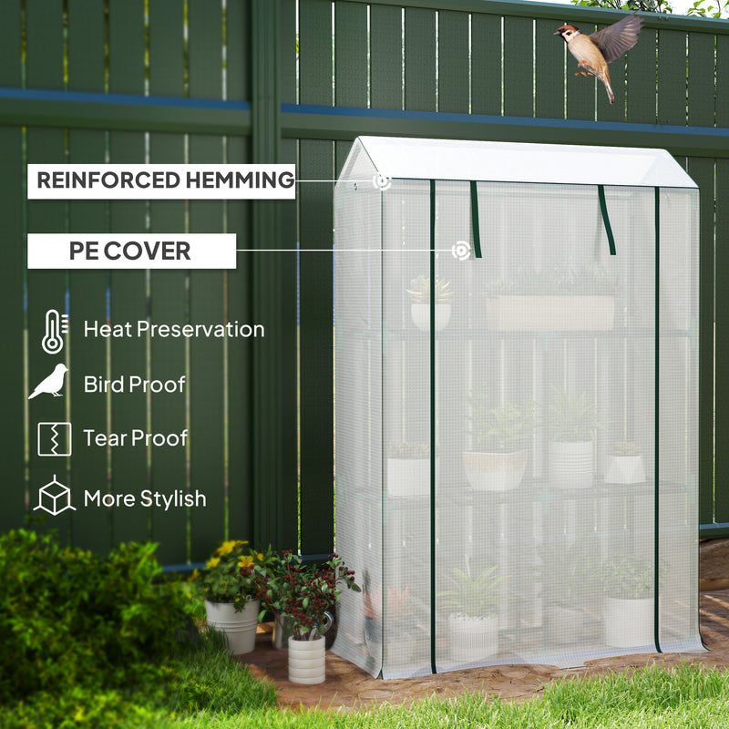 Outsunny 3 Tier Mini Greenhouse with PE Cover, Roll-Up Door, White