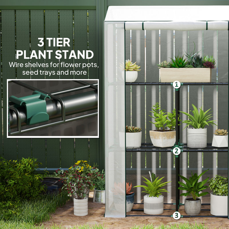 Outsunny 3 Tier Mini Greenhouse with PE Cover, Roll-Up Door, White