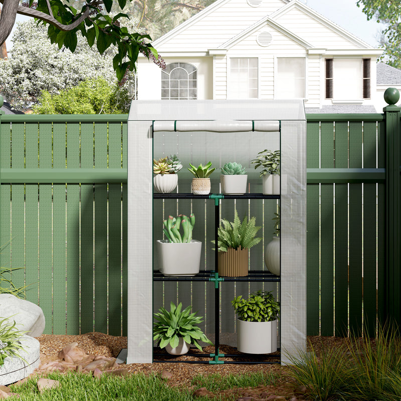 Outsunny 3 Tier Mini Greenhouse with PE Cover, Roll-Up Door, White