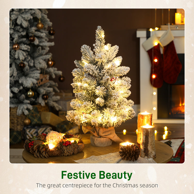 HOMCOM 60 cm Prelit Small Christmas Tree, Snow Flocked Tabletop Xmas Tree