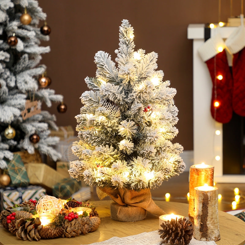 HOMCOM 60 cm Prelit Small Christmas Tree, Snow Flocked Tabletop Xmas Tree