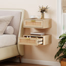 HOMCOM Floating Bedside Tables Set of 2, Boho Nightstands with Rattan Drawer