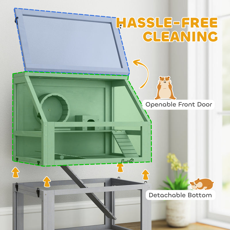 PawHut Wooden Hamster Cage w/ Detachable Bottom, Hut, Seesaw, Light Grey