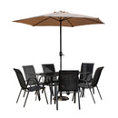 Outdoor 6 Person Rectangular Glass Top Garden Patio Dining Table Chairs With Beige Parasol and Base Set