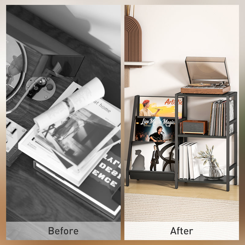HOMCOM Record Player Stand, 3-Tier Side Table With Vinyl Record Storage