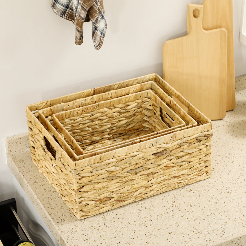 HOMCOM Set of 3 Wicker Storage Baskets, Woven Baskets with Handles, Natural
