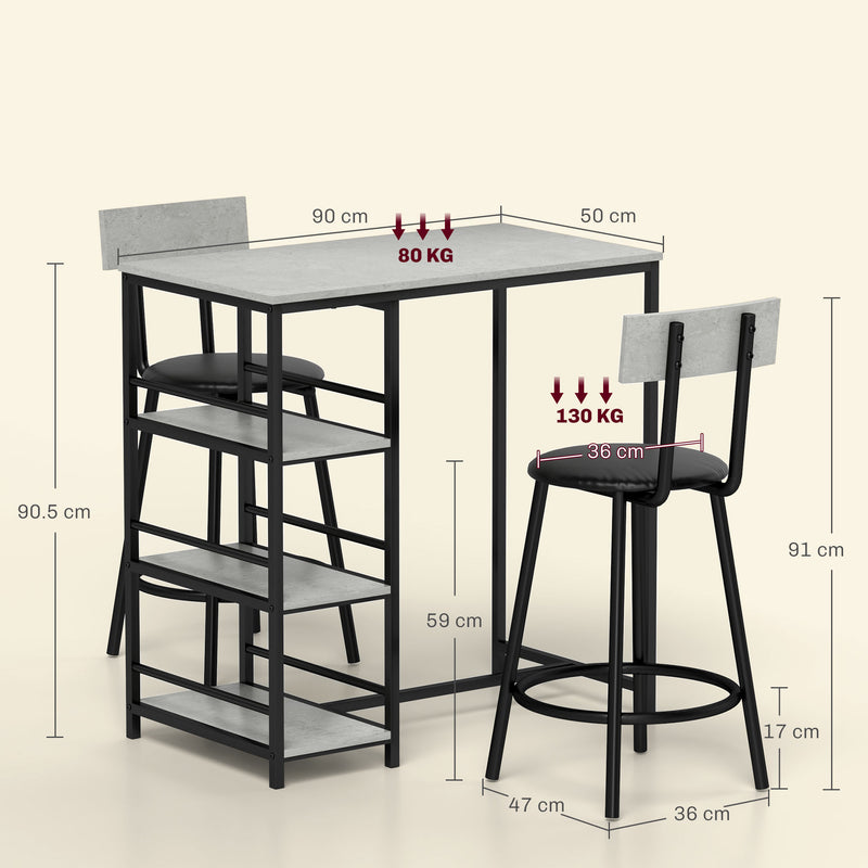 HOMCOM 3 Piece Breakfast Bar Table Set with Storage Shelves, Light Grey