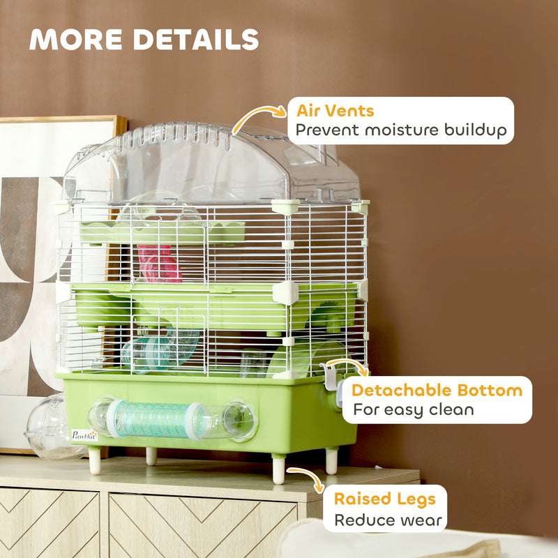 PawHut 3-Tier Hamster Cage, Hamster Habitat With Accessories, Green