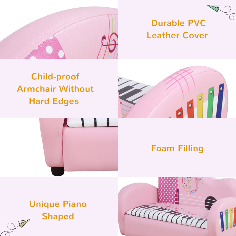 HOMCOM Kids PVC 2-Seater Musical-Theme Sofa Piano Shape Multi-Functional 2 Seats Couch Storage Box Soft Sturdy Pink