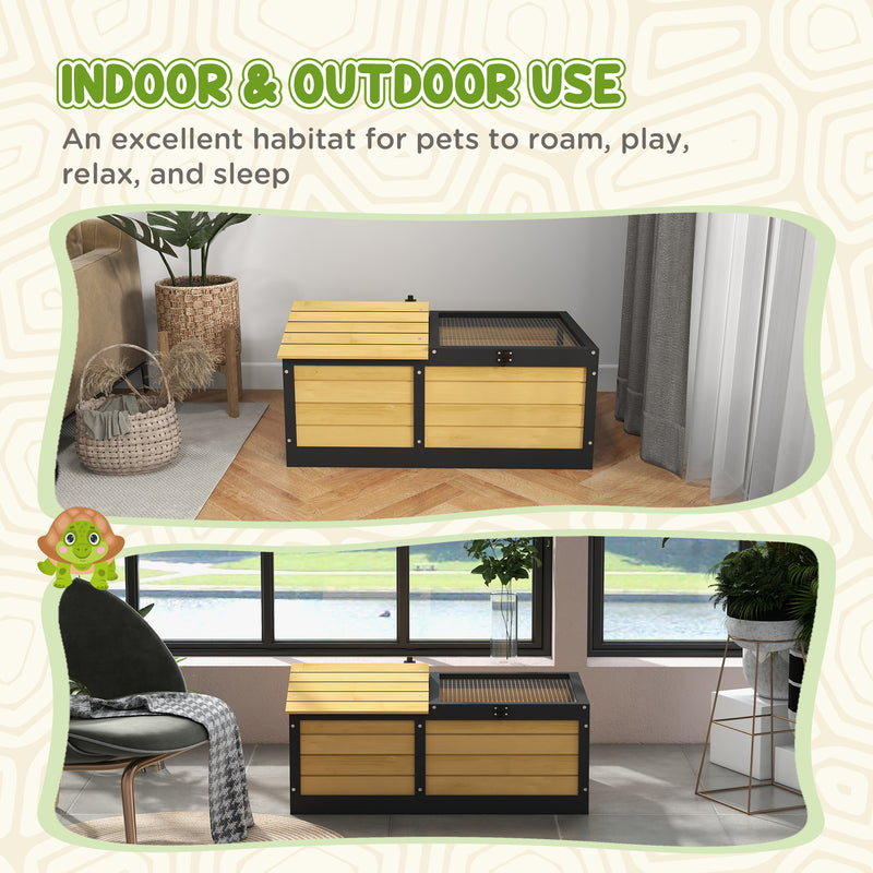 PawHut Wooden Tortoise House, Small Pet Reptile with Hide Shelter Den and Run