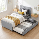 HOMCOM 90 x 190 cm Upholstered Single Bed, Pull Out Trundle Bed, Light Grey