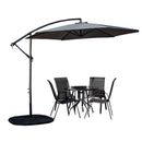 Outdoor 4 Person Round Glass Top Garden Dining Table Chairs With Grey Banana Parasol and Base