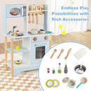 Wooden Toy Kitchen Playset with Chalkboard Microwave Stove for Kids Aged 3 +-Blue