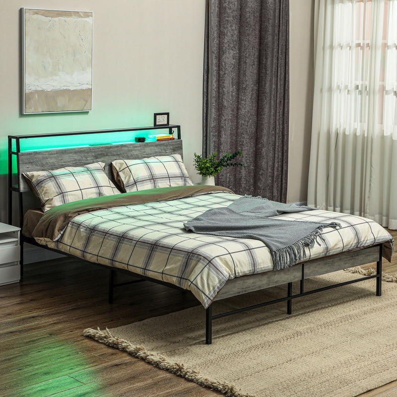 HOMCOM LED Cement Grey Bed Frame with Charging Station
