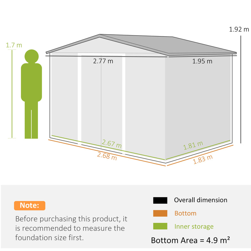 Outsunny 9 X 6FT Galvanised Garden Storage Shed With Sliding Door, Grey