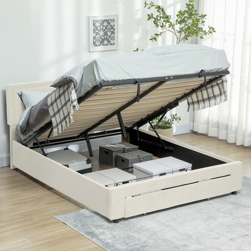 HOMCOM Double Bed Frame with Storage and Adjustable Velvet Headboard
