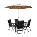 Outdoor 4 Person Rectangular Glass Top Garden Dining Table Chairs Beige Parasol and Base Set