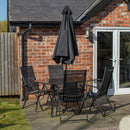 Outdoor 4 Person Rectangular Glass Top Garden Dining Table Chairs With Black Parasol and Base Set