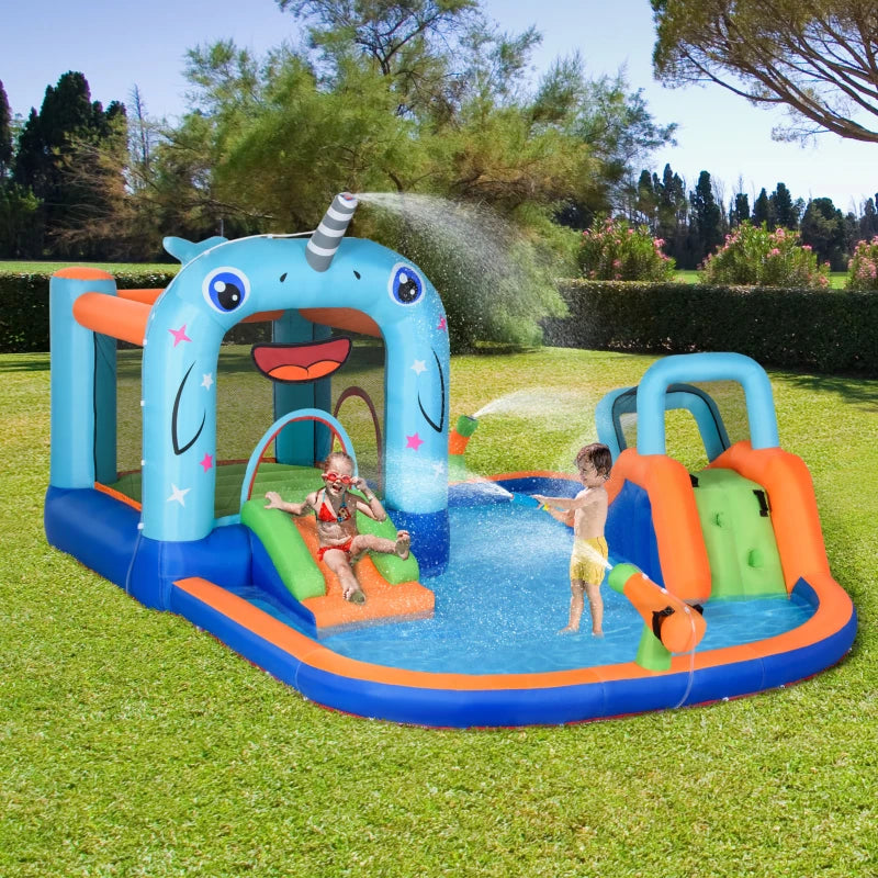 Outsunny Bouncy Castle with Paddling Pool and Sprinkler - Narwhals