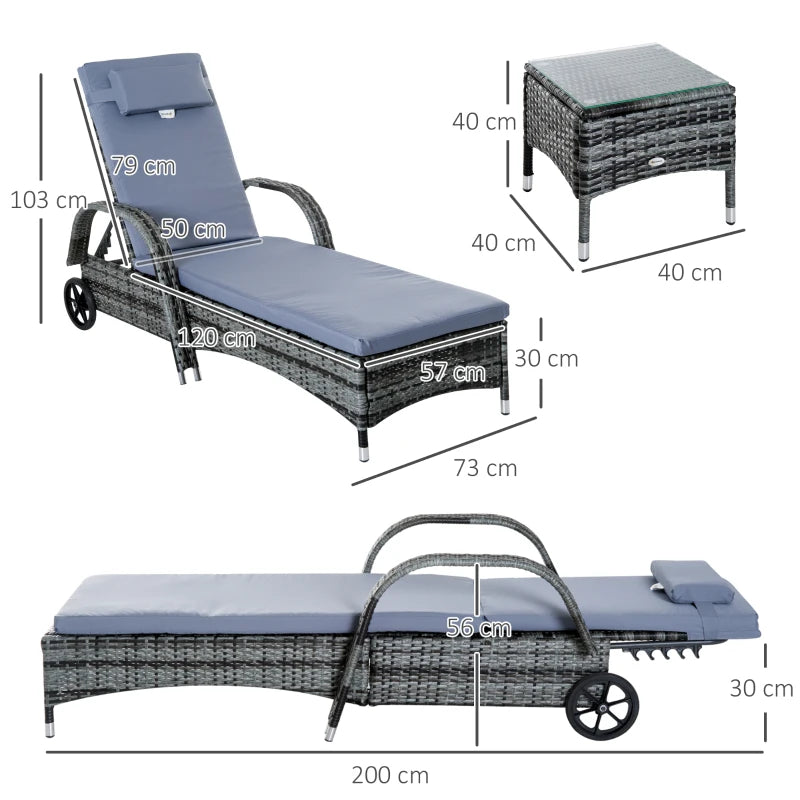 Outsunny Rattan Lounge Set with Side Table - Grey