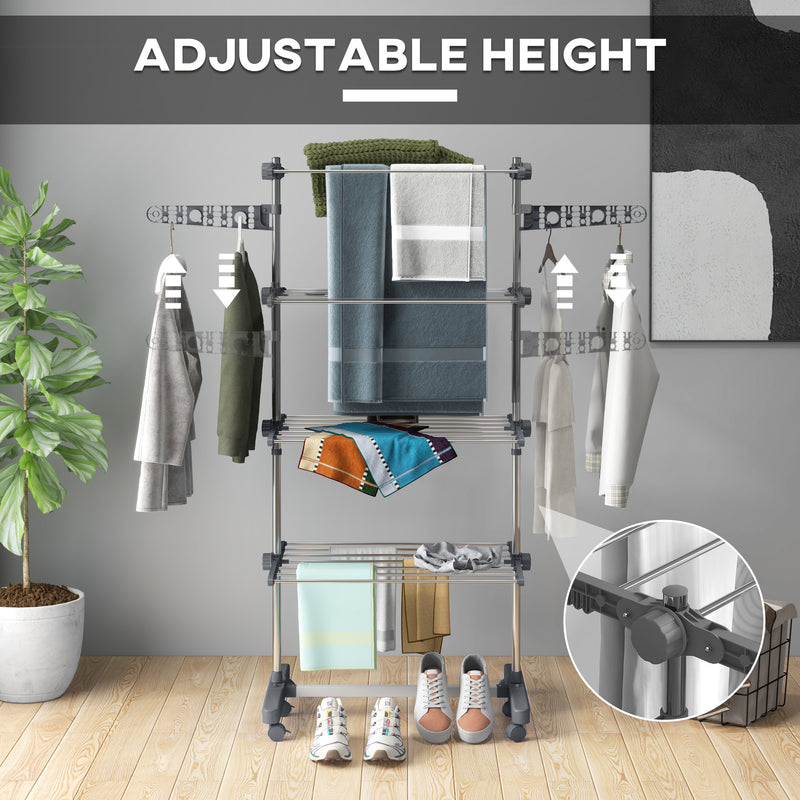 HOMCOM 4-Tier Large Clothes Airer Stainless Steel Clothes Drying Rack Grey