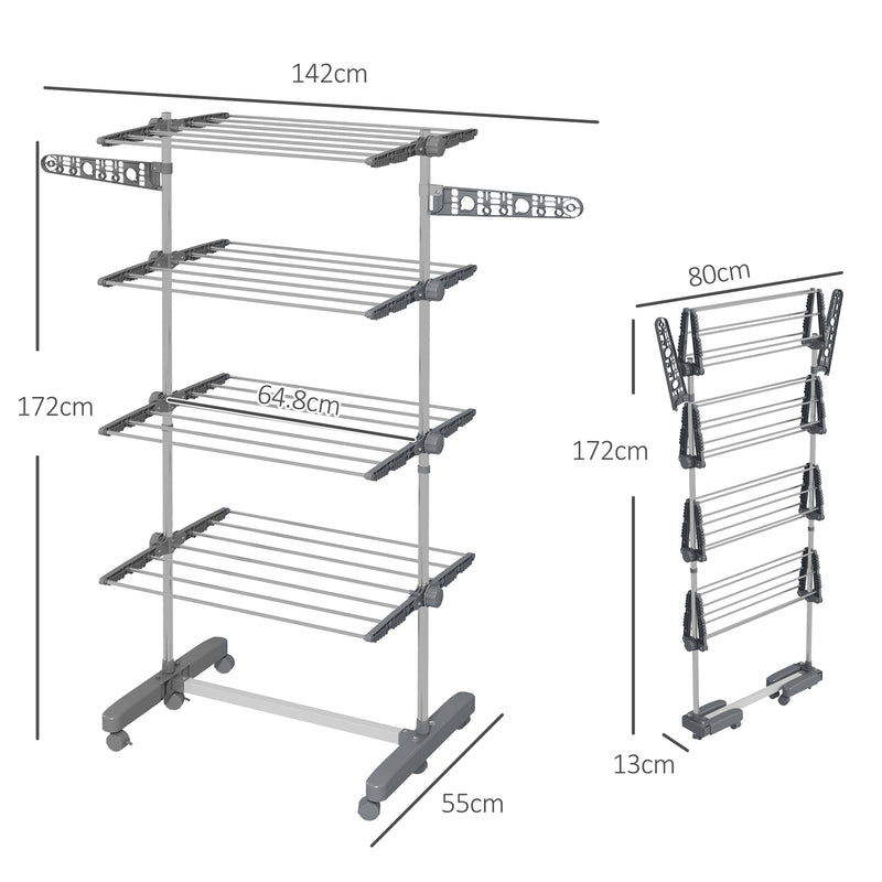 HOMCOM 4-Tier Large Clothes Airer Stainless Steel Clothes Drying Rack Grey