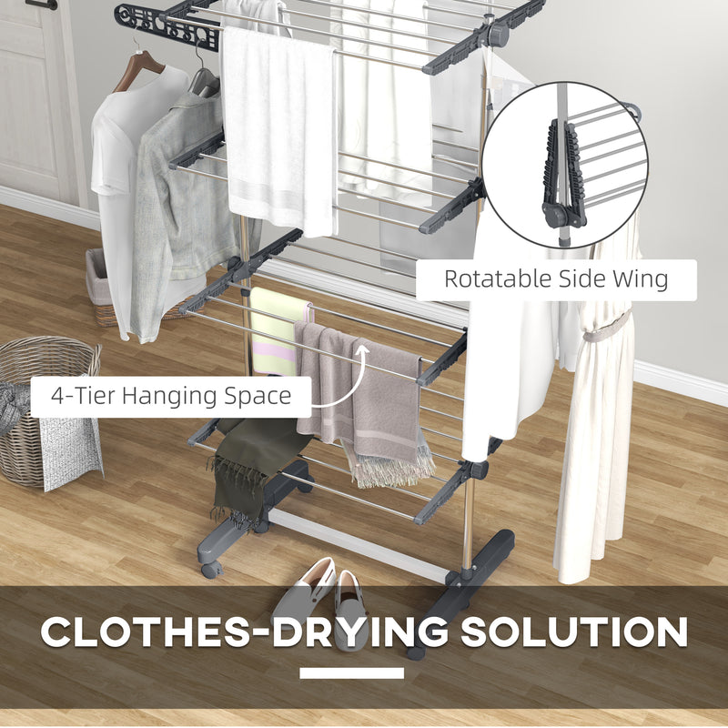 HOMCOM 4-Tier Large Clothes Airer Stainless Steel Clothes Drying Rack Grey