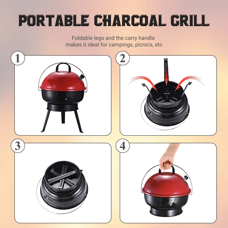 Outsunny Compact Portable Charcoal BBQ Grill - Red
