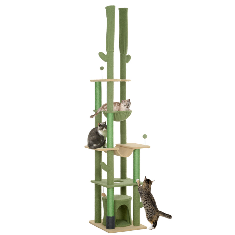 PawHut 225-255Hcm Floor To Ceiling Cat Tree W/ Hammocks, Condo - Green