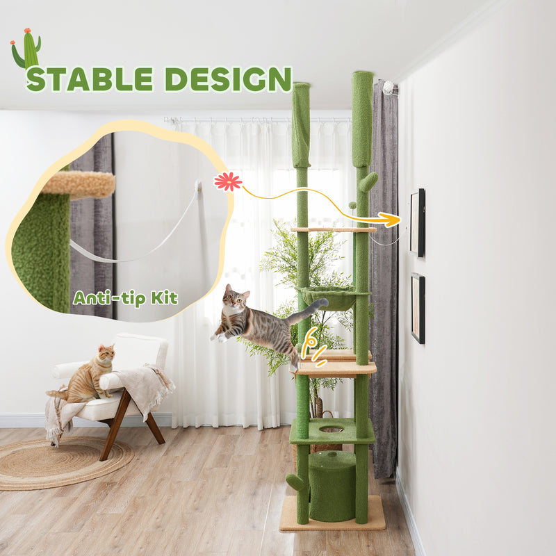 PawHut 225-255Hcm Floor To Ceiling Cat Tree W/ Hammocks, Condo - Green