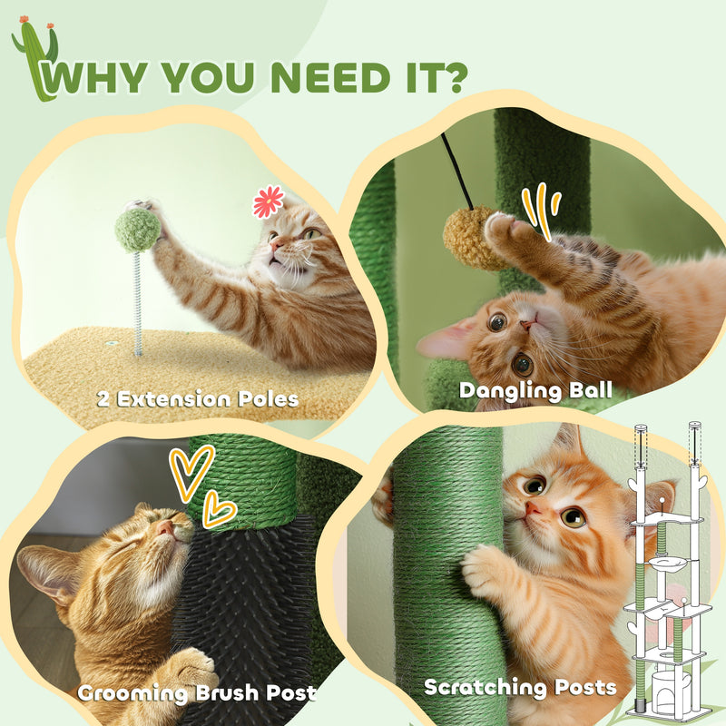 PawHut 225-255Hcm Floor To Ceiling Cat Tree W/ Hammocks, Condo - Green