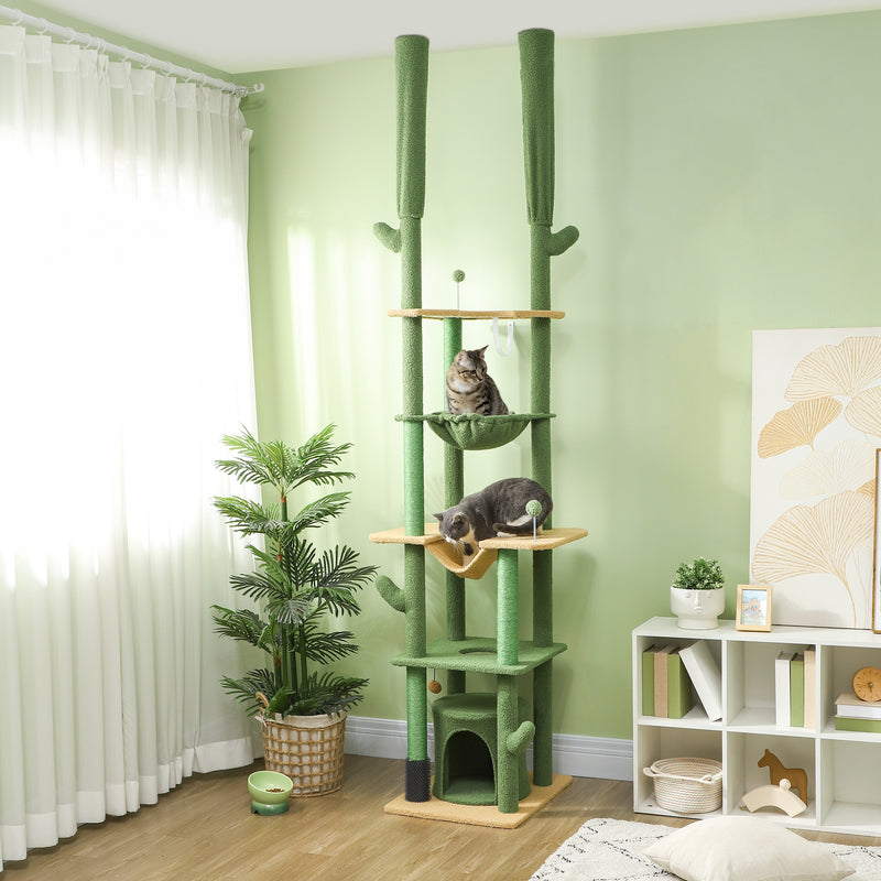 PawHut 225-255Hcm Floor To Ceiling Cat Tree W/ Hammocks, Condo - Green