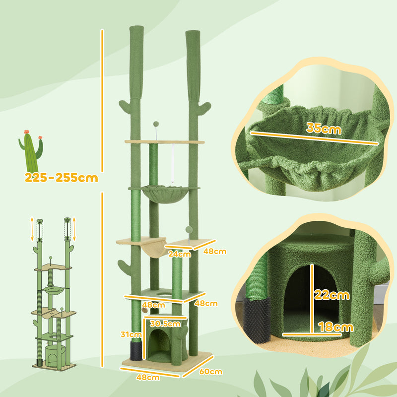 PawHut 225-255Hcm Floor To Ceiling Cat Tree W/ Hammocks, Condo - Green
