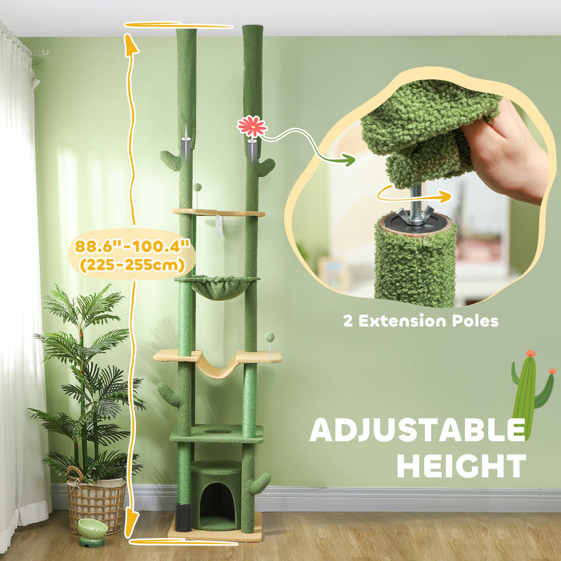 PawHut 225-255Hcm Floor To Ceiling Cat Tree W/ Hammocks, Condo - Green